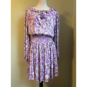 Haute Hippie Purple Floral Smock Ed Tiered Ruffle Dress XL boho flowy fairy Y2K